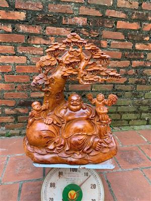 Tượng Phật Di Lặc Ngồi Nhị Tiểu Đồng Dưới Gốc Tùng Cổ, Tượng Di Lặc Ngồi Tùng Gỗ Hương Việt Giá Rẻ