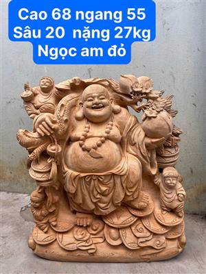 Tượng Di Lặc Gánh Đào Gỗ Ngọc Am Đỏ Nguyên Khối - Chiêu Tài Lộc, May Mắn